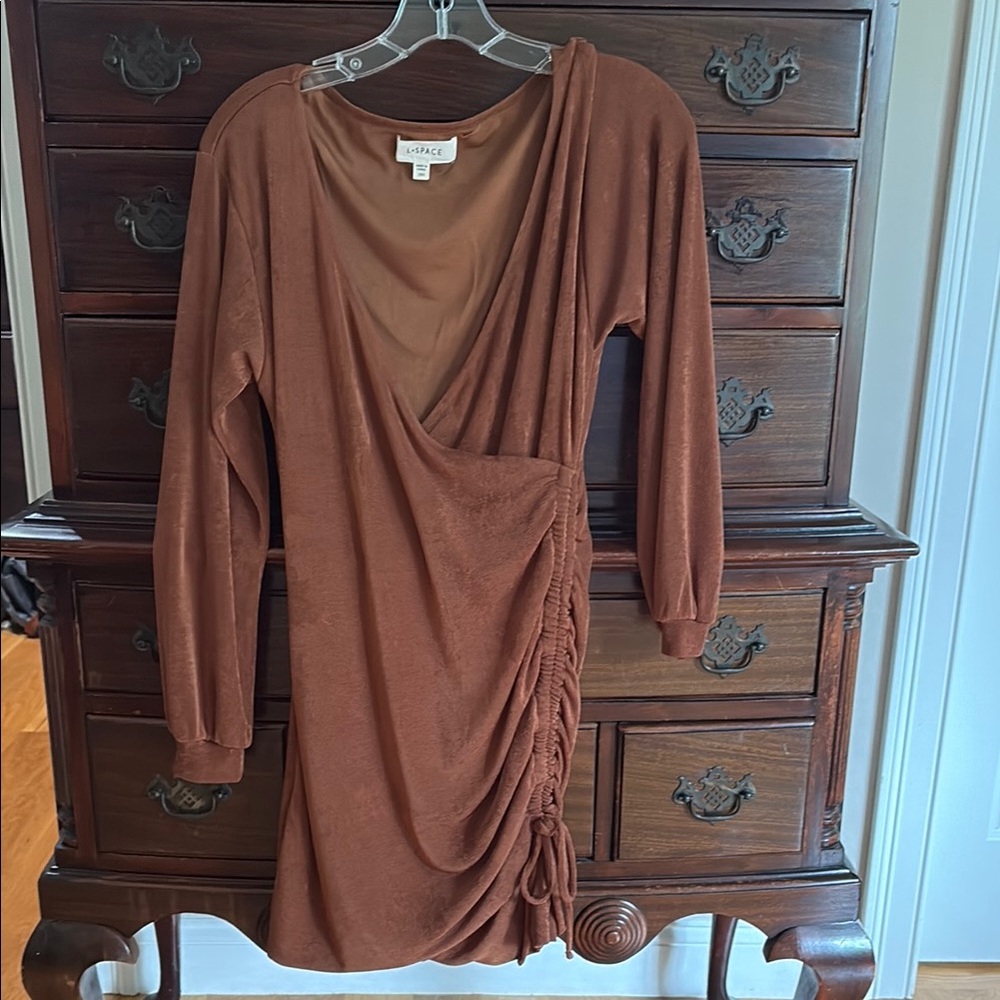 L*Space Brown Pleated Sheath Dress with Asymmetrical Neckline